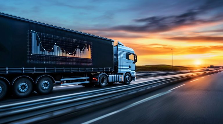 Semi Truck diving on highway towards the sunset